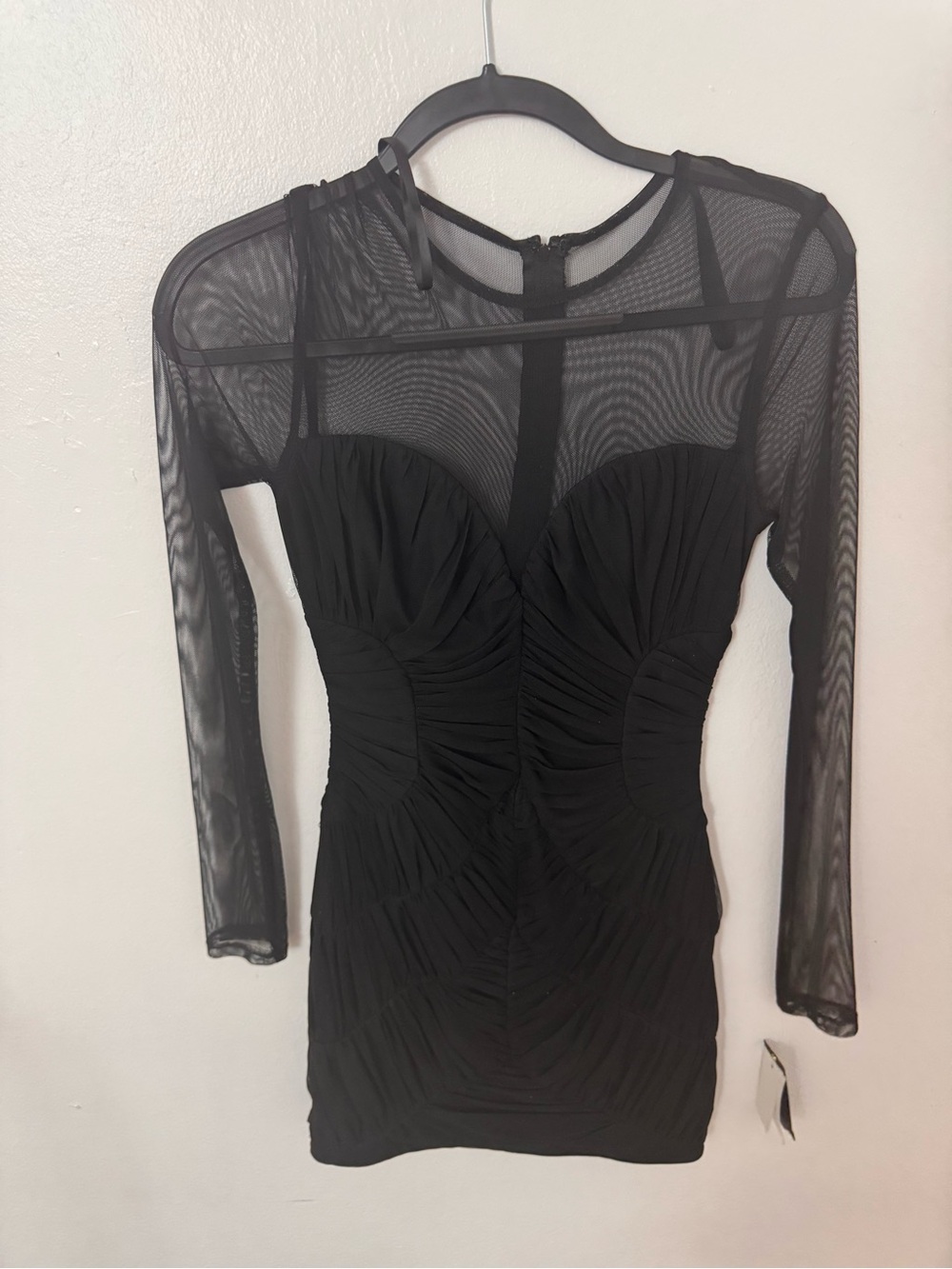 City Studio Black Sheer Long Sleeve Ruched Bodycon Dress